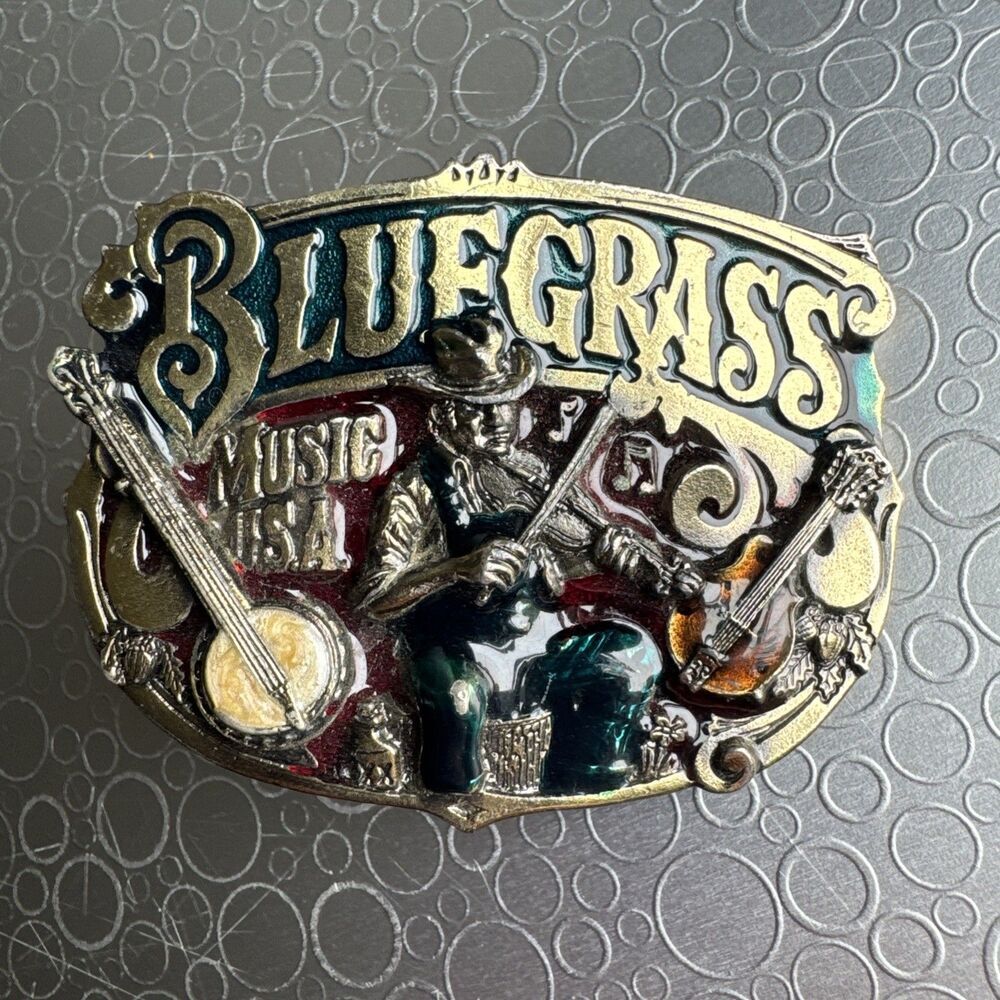 Vintage 1982 Bluegrass Music USA Belt Buckle Pewter Enamel Fiddle Banjo H918